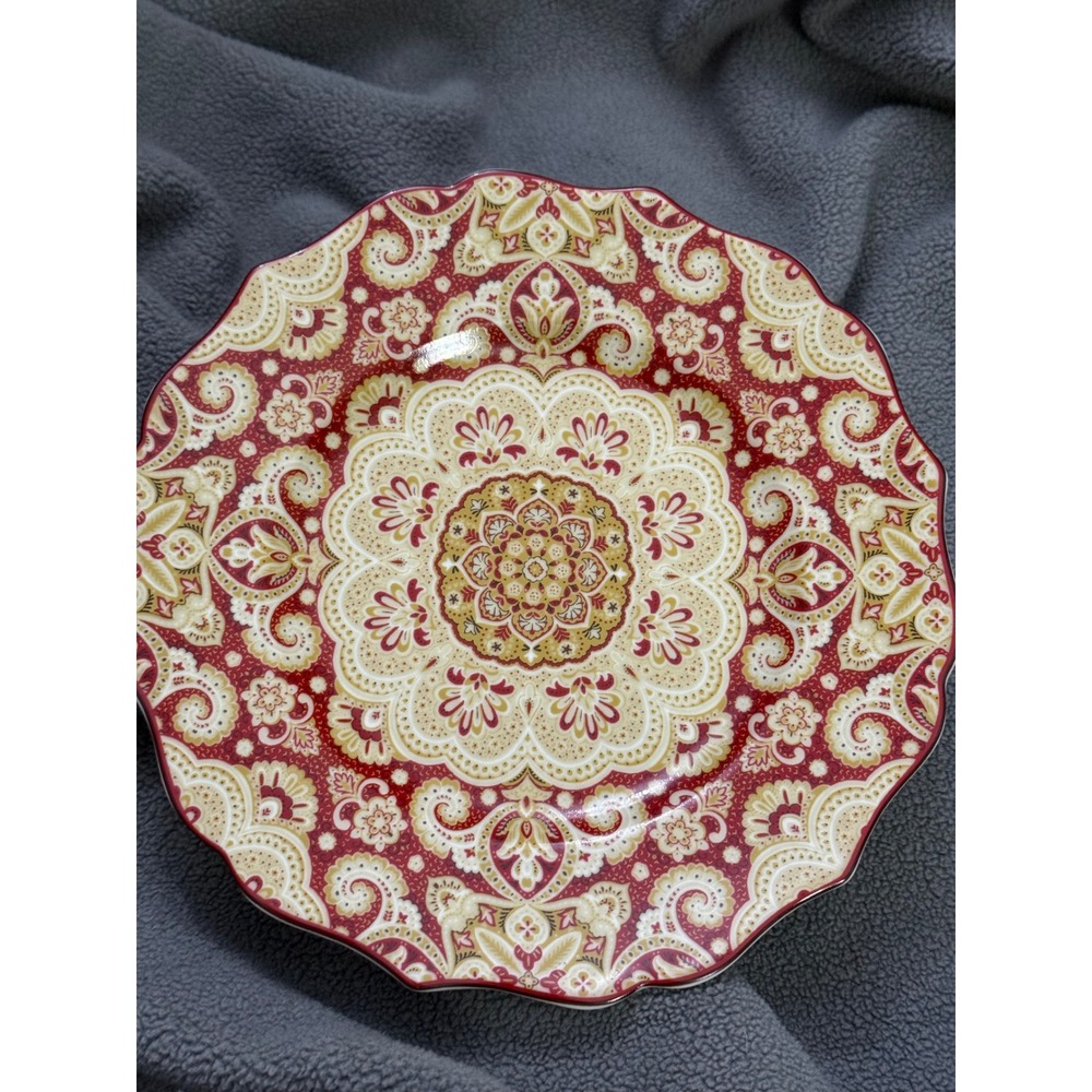 222 Fifth Lyria Saffron Fine China Salad Plate Red Gold Paisley Scalloped 5596
